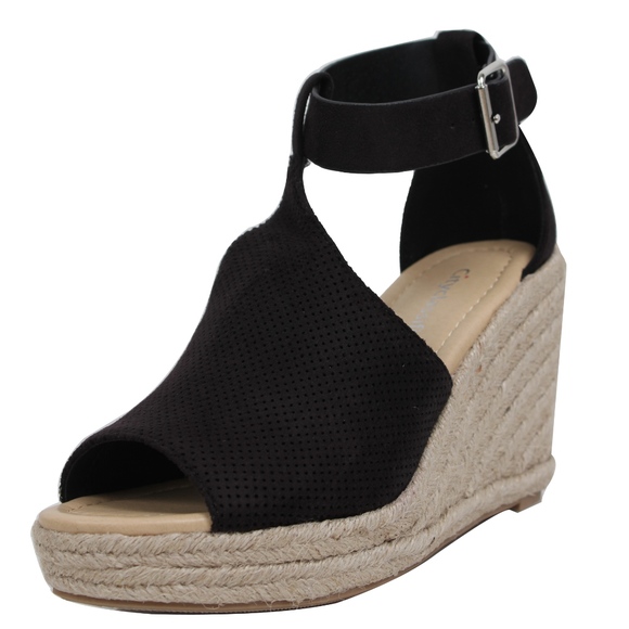 Black Perforated Ankle Strap Espadrille Wedge - Picture 2 of 5